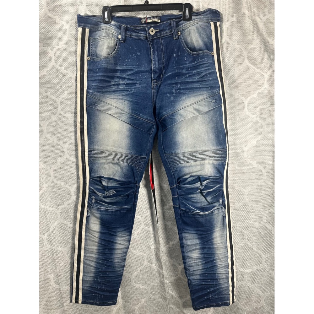 Bleecker Mercer Men's Blue Wash Moto Jeans with Side Stripe 36x32